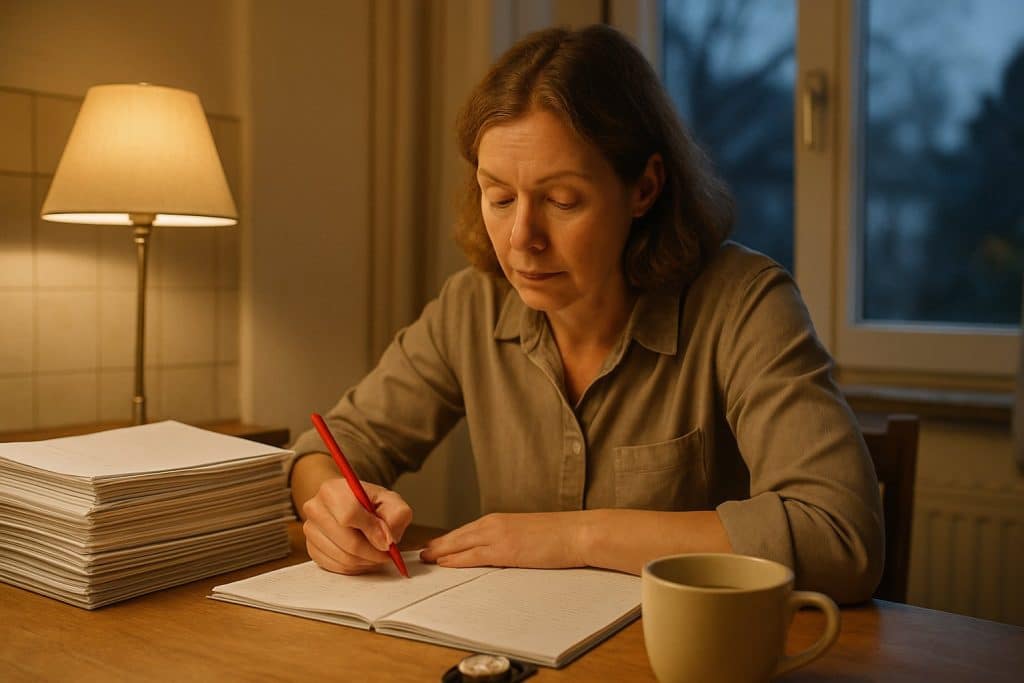 Lehrerin korrigiert am Abend einen Stapel Hefte am Küchentisch
