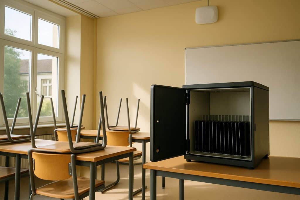Ladewagen mit Tablets in einem hellen Klassenzimmer nach Unterrichtsschluss