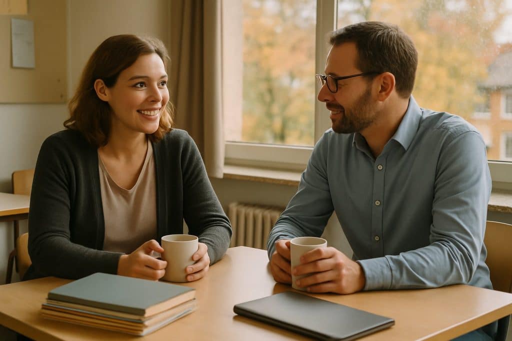 Zwei Lehrkräfte im Gespräch am Tisch eines Lehrerzimmers