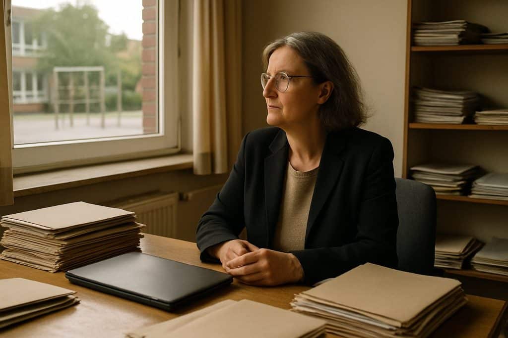 Schulleiterin am Schreibtisch mit Aktenstapeln blickt aus dem Fenster auf den leeren Schulhof