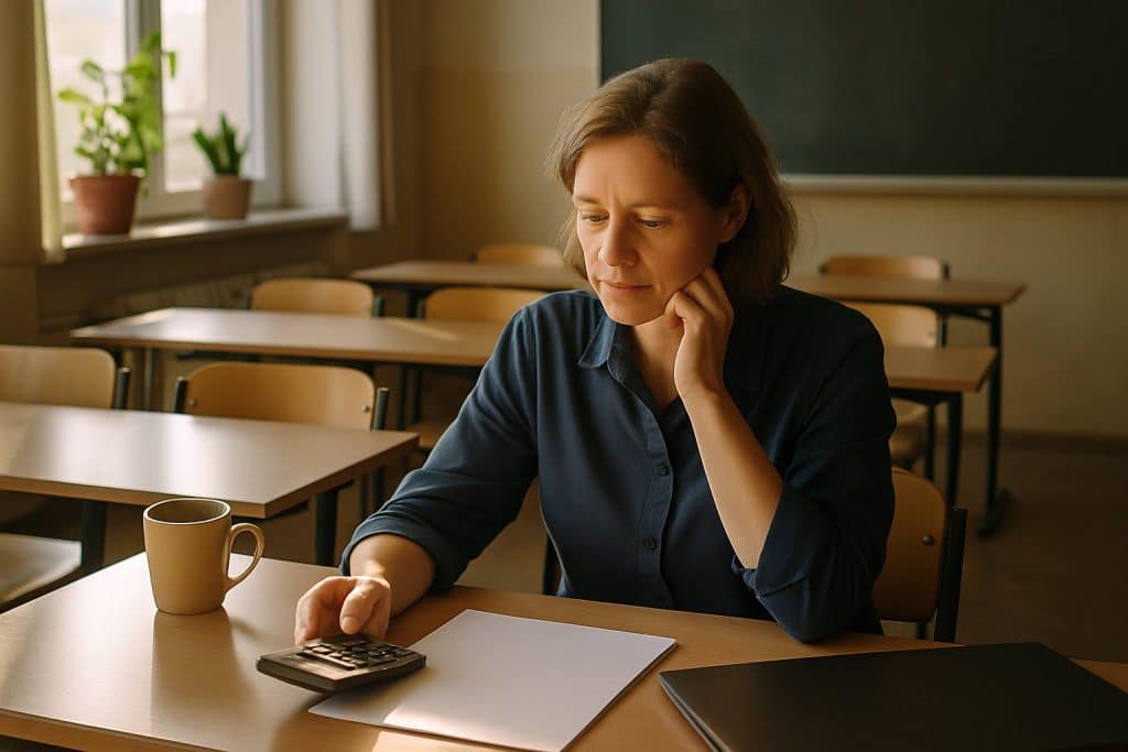 Lehrerin sitzt nachmittags im leeren Klassenzimmer mit Taschenrechner und rechnet nach